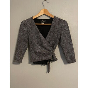 Vintage Womens Crop Top Petite Small Black Wrap 3/4 Sleeve Metallic Shimmer 90s